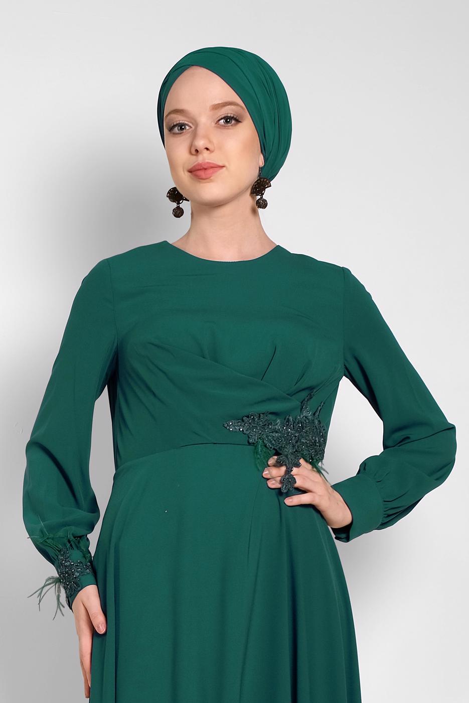 Tesettür giyim YEŞİL NAKIŞ DETAYLI ELBİSE T 4433