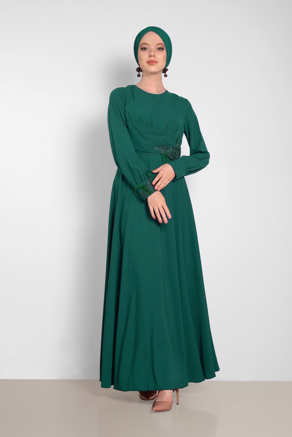 Tesettür giyim YEŞİL NAKIŞ DETAYLI ELBİSE T 4433