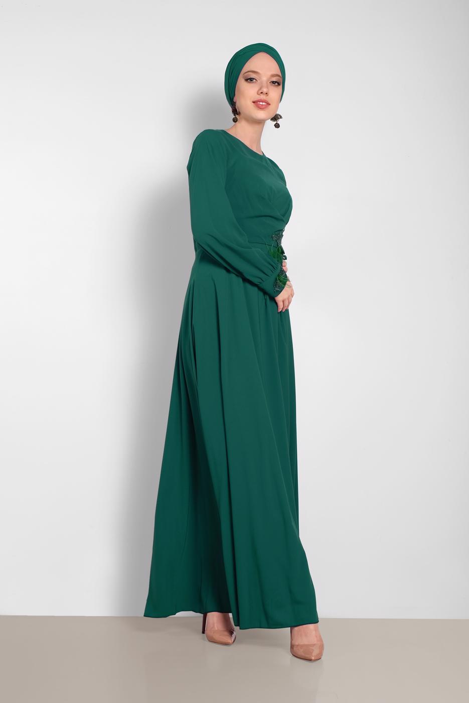 Tesettür giyim YEŞİL NAKIŞ DETAYLI ELBİSE T 4433