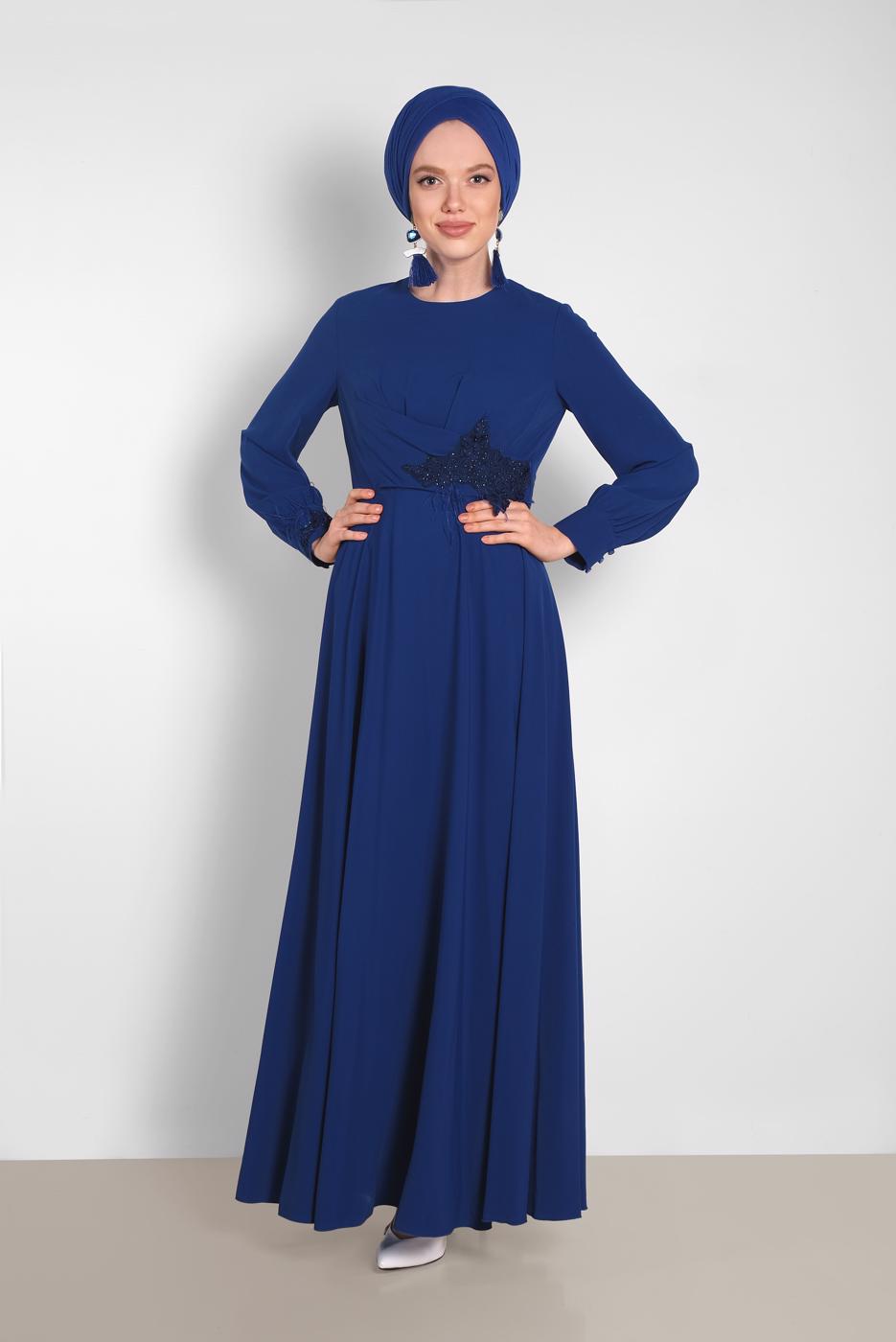 Tesettür giyim LACİVERT NAKIŞ DETAYLI ELBİSE T 4433