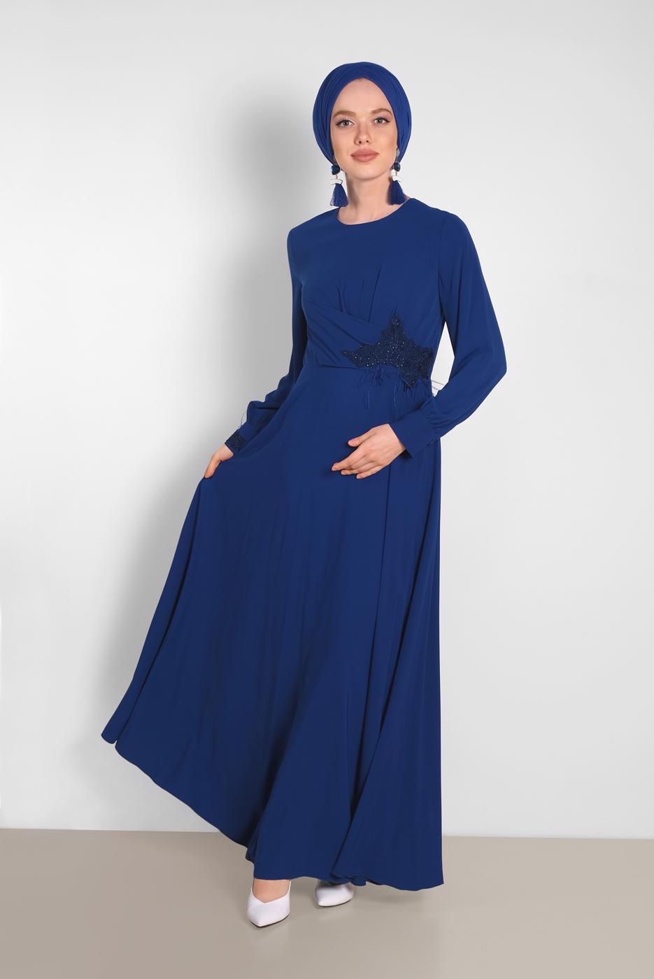 Tesettür giyim LACİVERT NAKIŞ DETAYLI ELBİSE T 4433