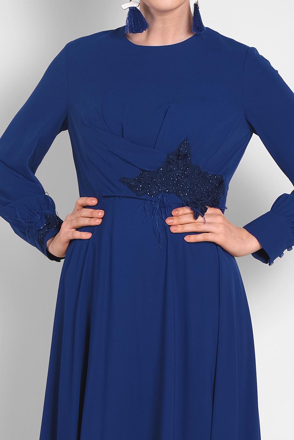 Tesettür giyim LACİVERT NAKIŞ DETAYLI ELBİSE T 4433