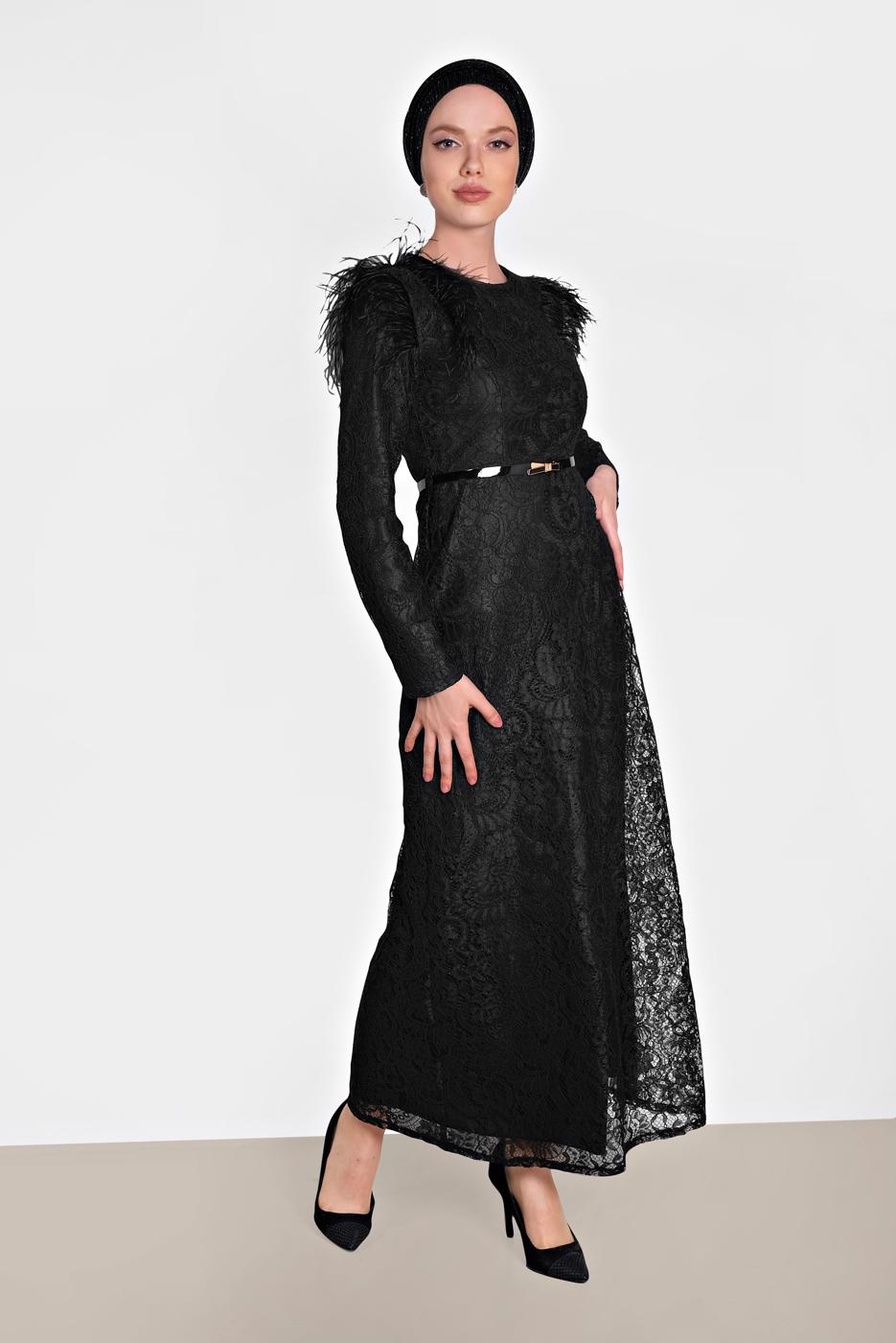 Tesettür giyim SİYAH ALVİNA TÜY DETAYLI GÜPÜRLÜ ELBİSE T 4464