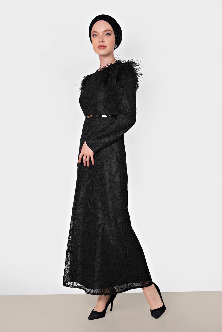 Tesettür giyim SİYAH ALVİNA TÜY DETAYLI GÜPÜRLÜ ELBİSE T 4464