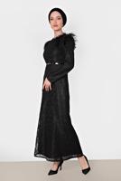 Tesettür giyim SİYAH ALVİNA TÜY DETAYLI GÜPÜRLÜ ELBİSE T 4464