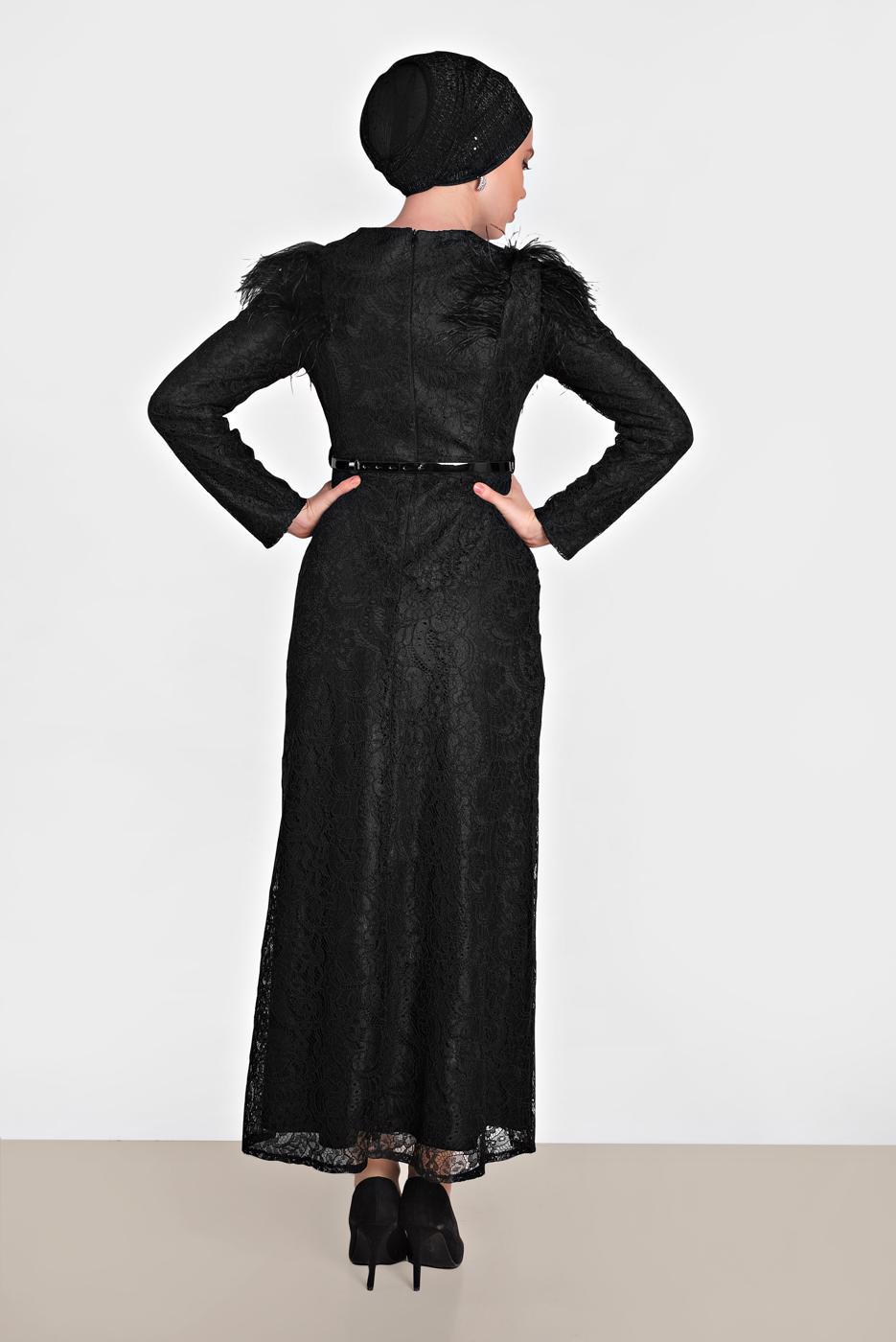 Tesettür giyim SİYAH ALVİNA TÜY DETAYLI GÜPÜRLÜ ELBİSE T 4464