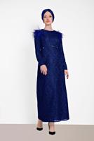 Tesettür giyim LACİVERT ALVİNA TÜY DETAYLI GÜPÜRLÜ ELBİSE T 4464