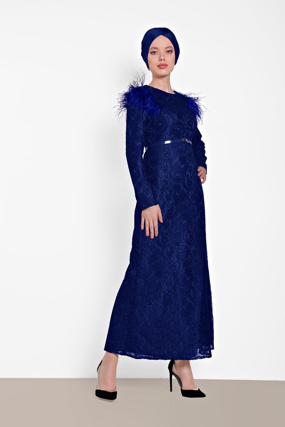 Tesettür giyim LACİVERT ALVİNA TÜY DETAYLI GÜPÜRLÜ ELBİSE T 4464