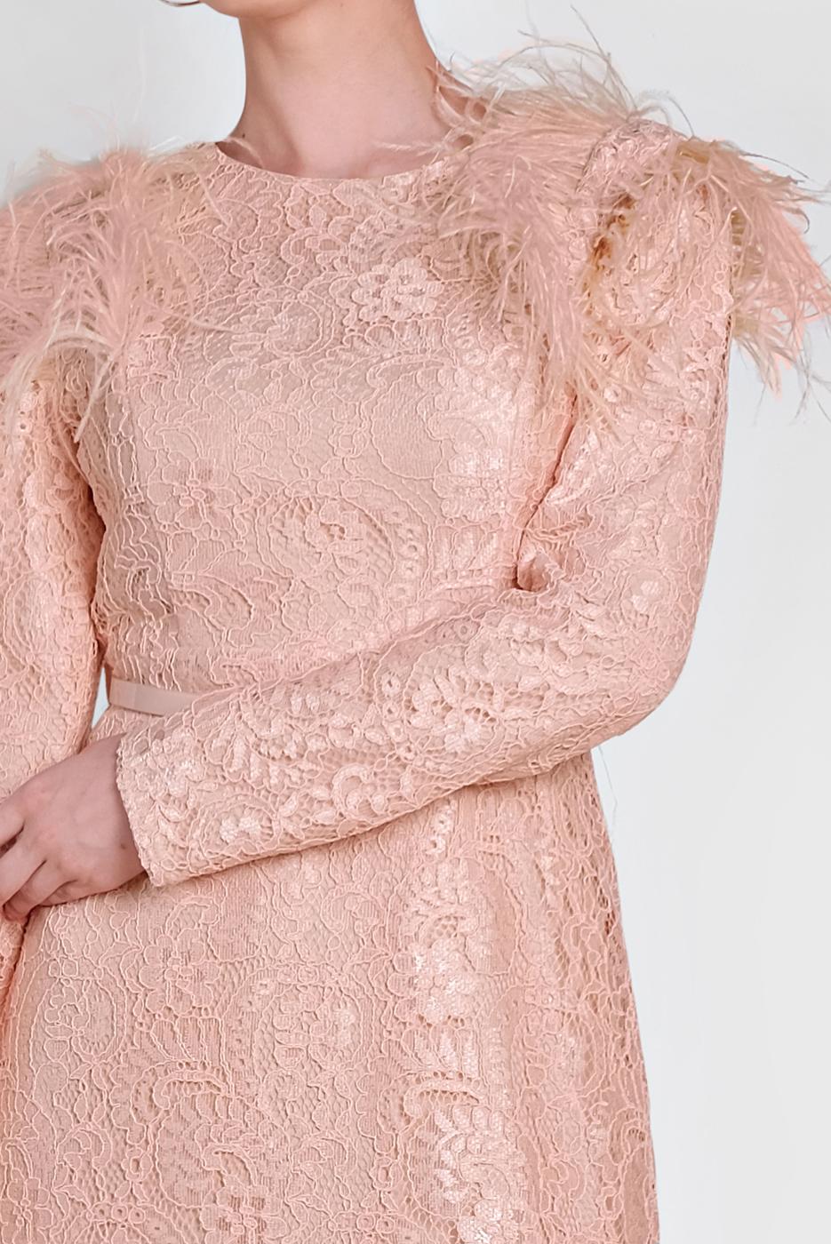 Tesettür giyim PUDRA ALVİNA TÜY DETAYLI GÜPÜRLÜ ELBİSE T 4464