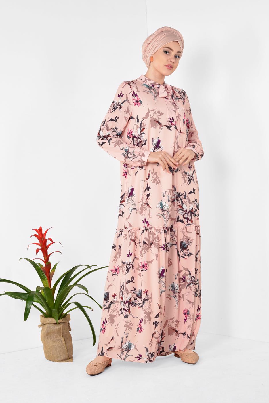 Tesettür giyim PUDRA  ALVİNA BOL KESİM ÇİÇEK DESENLİ ELBİSE 4947