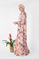 Tesettür giyim PUDRA  ALVİNA BOL KESİM ÇİÇEK DESENLİ ELBİSE 4947