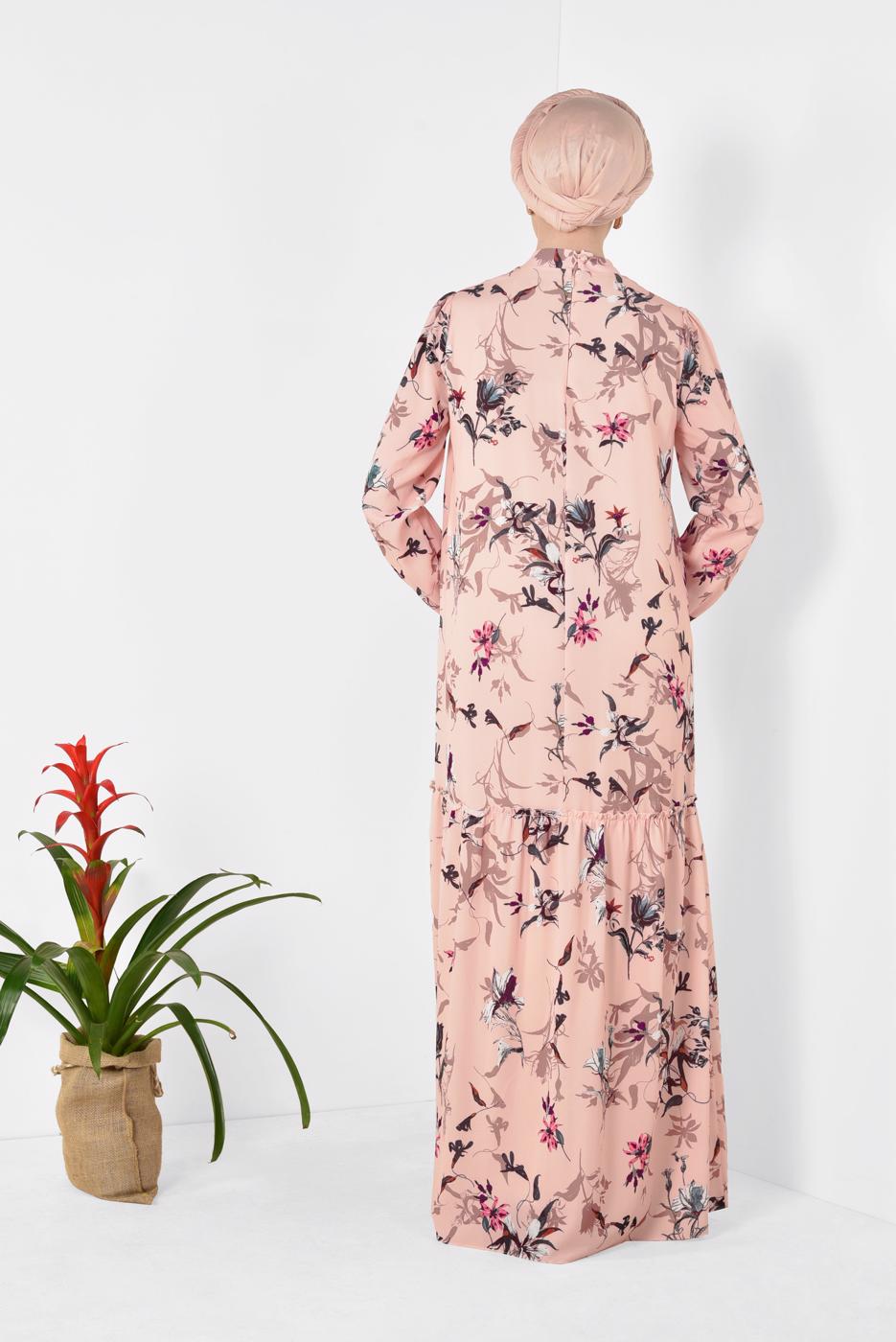 Tesettür giyim PUDRA  ALVİNA BOL KESİM ÇİÇEK DESENLİ ELBİSE 4947