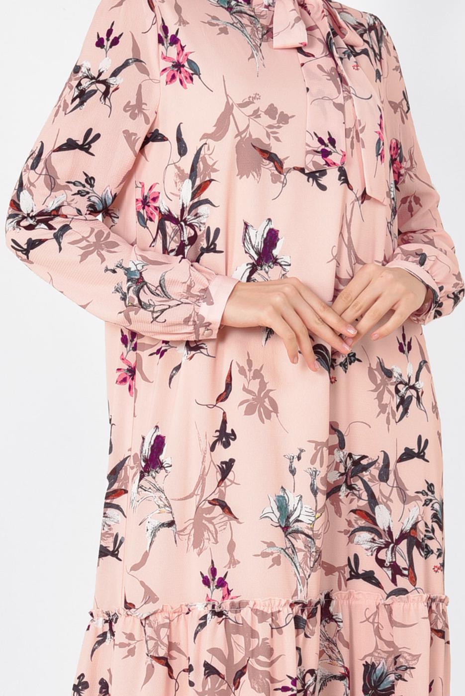 Tesettür giyim PUDRA  ALVİNA BOL KESİM ÇİÇEK DESENLİ ELBİSE 4947