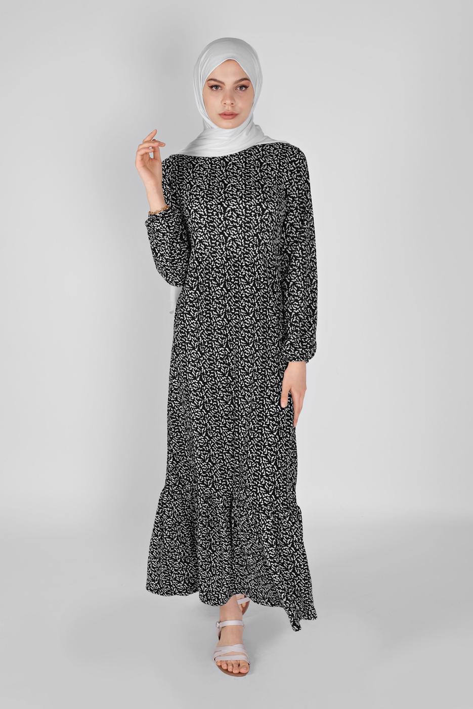 Tesettür giyim SİYAH MANŞETLERİ LASTİKLİ DESENLİ ELBİSE 5166 