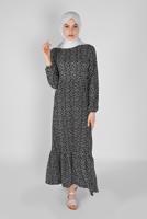 Tesettür giyim SİYAH MANŞETLERİ LASTİKLİ DESENLİ ELBİSE 5166 