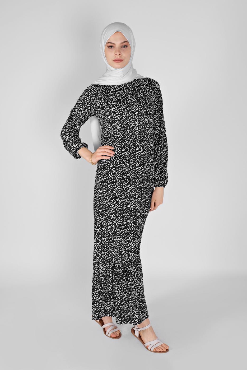 Tesettür giyim SİYAH MANŞETLERİ LASTİKLİ DESENLİ ELBİSE 5166 