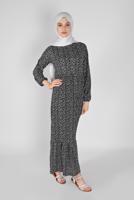 Tesettür giyim SİYAH MANŞETLERİ LASTİKLİ DESENLİ ELBİSE 5166 