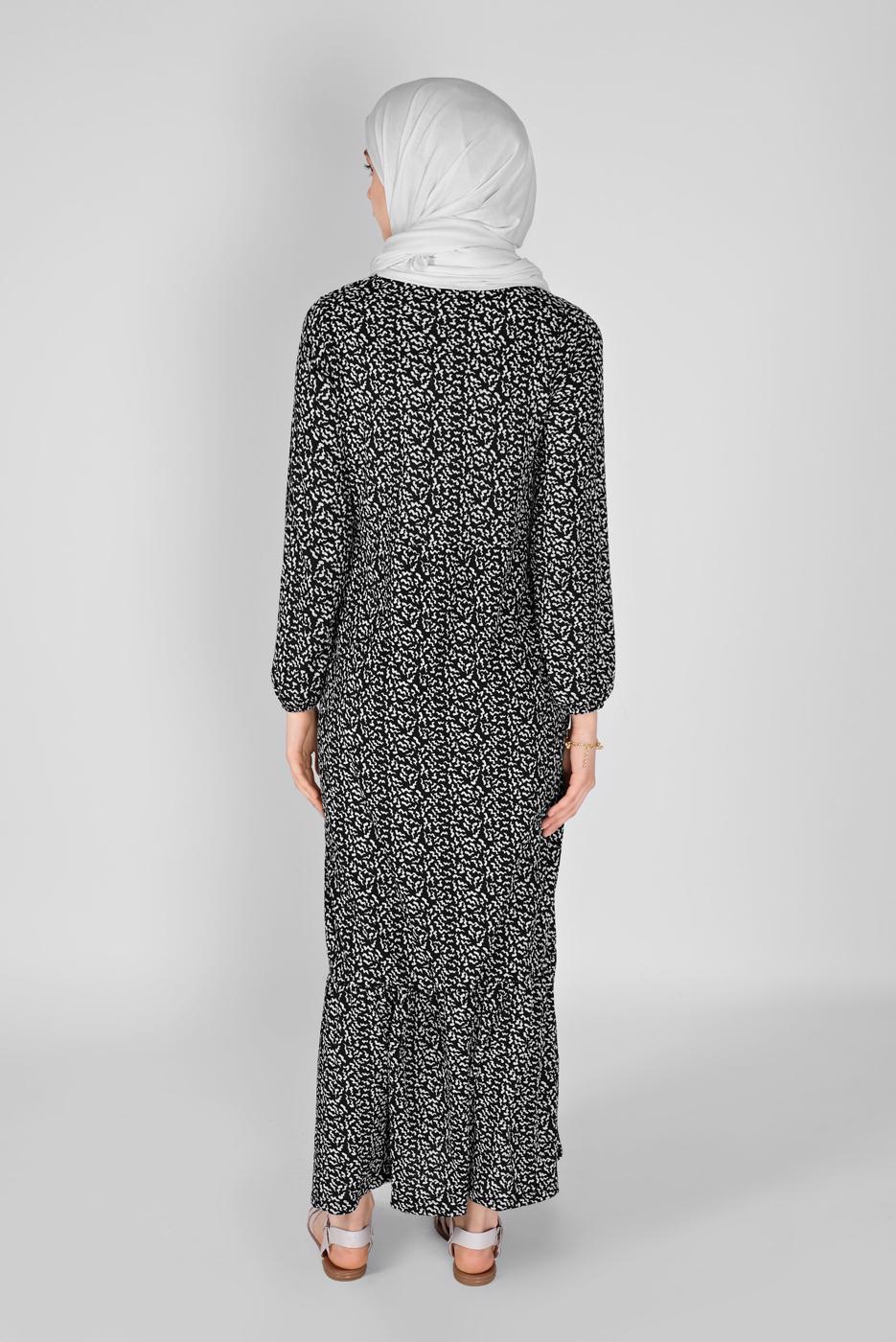 Tesettür giyim SİYAH MANŞETLERİ LASTİKLİ DESENLİ ELBİSE 5166 