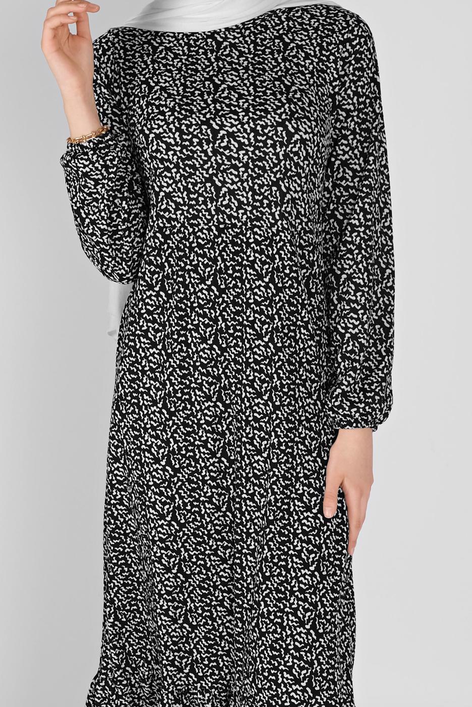 Tesettür giyim SİYAH MANŞETLERİ LASTİKLİ DESENLİ ELBİSE 5166 