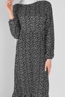 Tesettür giyim SİYAH MANŞETLERİ LASTİKLİ DESENLİ ELBİSE 5166 