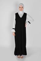 Tesettür giyim SİYAH GENİŞ KOL FIRFIRLI İKİLİ ELBİSE 5956 