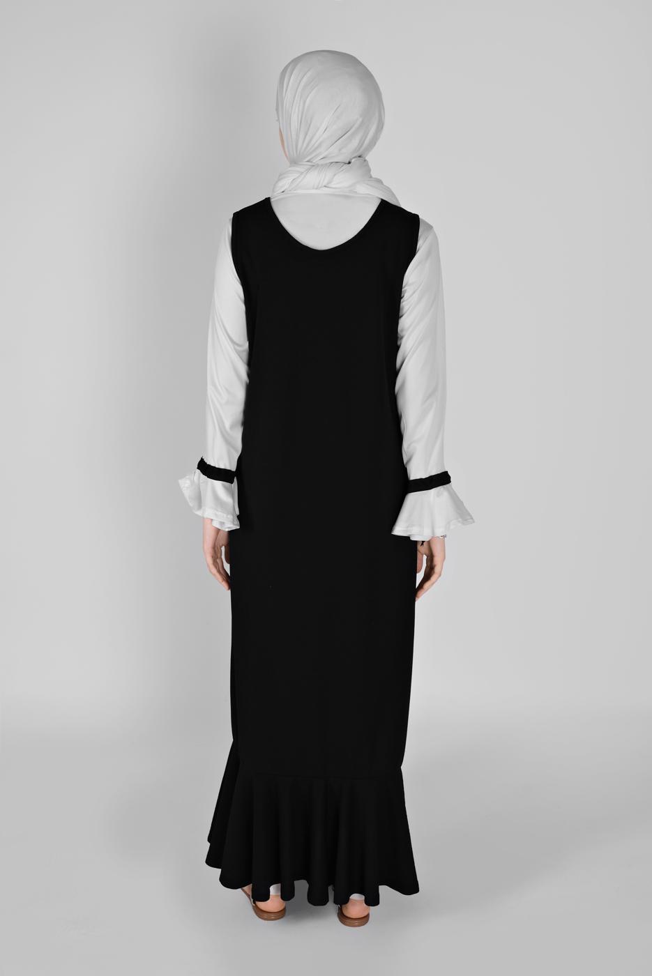 Tesettür giyim SİYAH GENİŞ KOL FIRFIRLI İKİLİ ELBİSE 5956 
