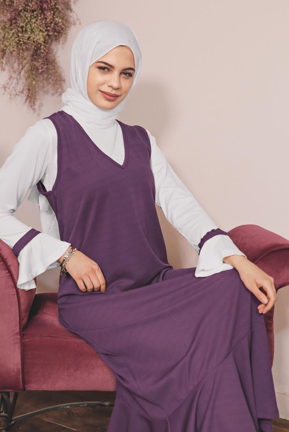 Tesettür giyim MOR GENİŞ KOL FIRFIRLI İKİLİ ELBİSE 5956 