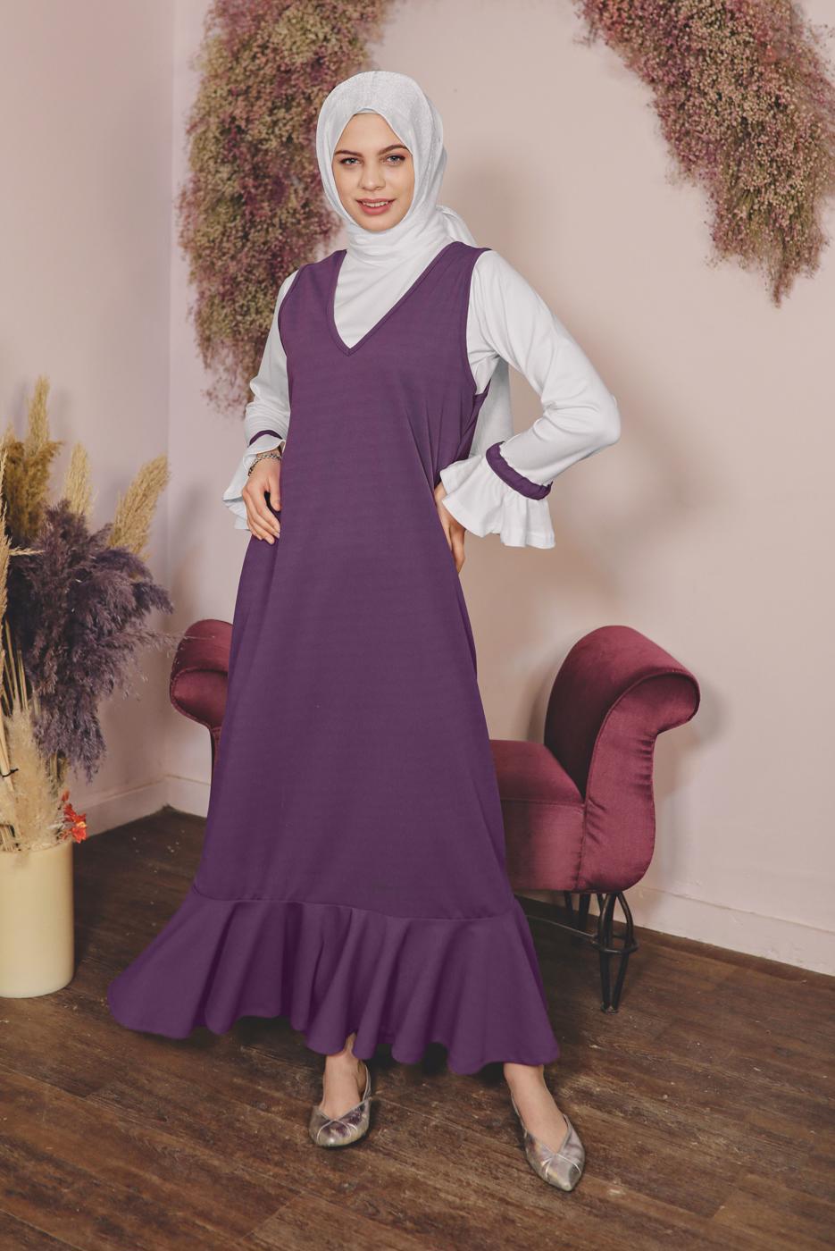 Tesettür giyim MOR GENİŞ KOL FIRFIRLI İKİLİ ELBİSE 5956 