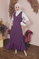 Tesettür giyim MOR GENİŞ KOL FIRFIRLI İKİLİ ELBİSE 5956 
