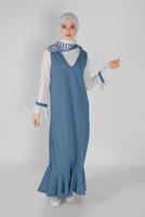 Tesettür giyim LACİVERT GENİŞ KOL FIRFIRLI İKİLİ ELBİSE 5956 