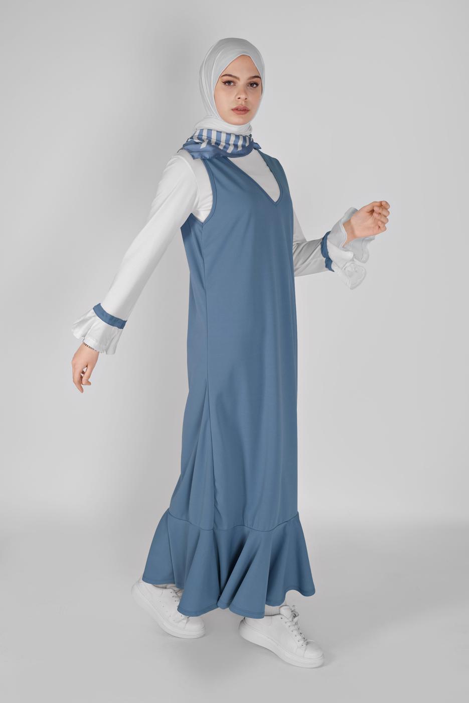 Tesettür giyim LACİVERT GENİŞ KOL FIRFIRLI İKİLİ ELBİSE 5956 