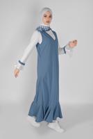 Tesettür giyim LACİVERT GENİŞ KOL FIRFIRLI İKİLİ ELBİSE 5956 