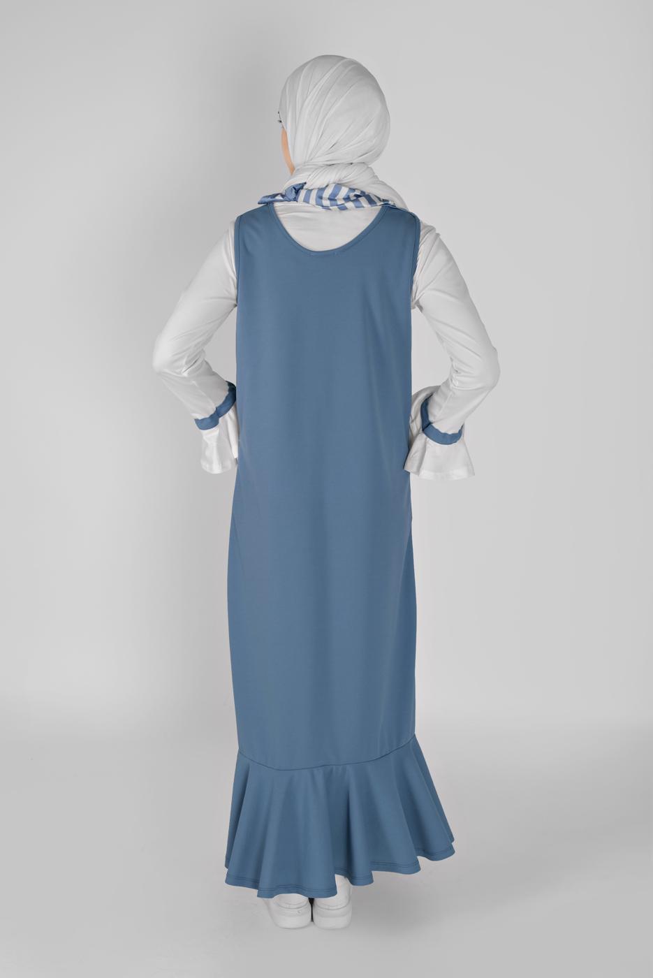 Tesettür giyim LACİVERT GENİŞ KOL FIRFIRLI İKİLİ ELBİSE 5956 