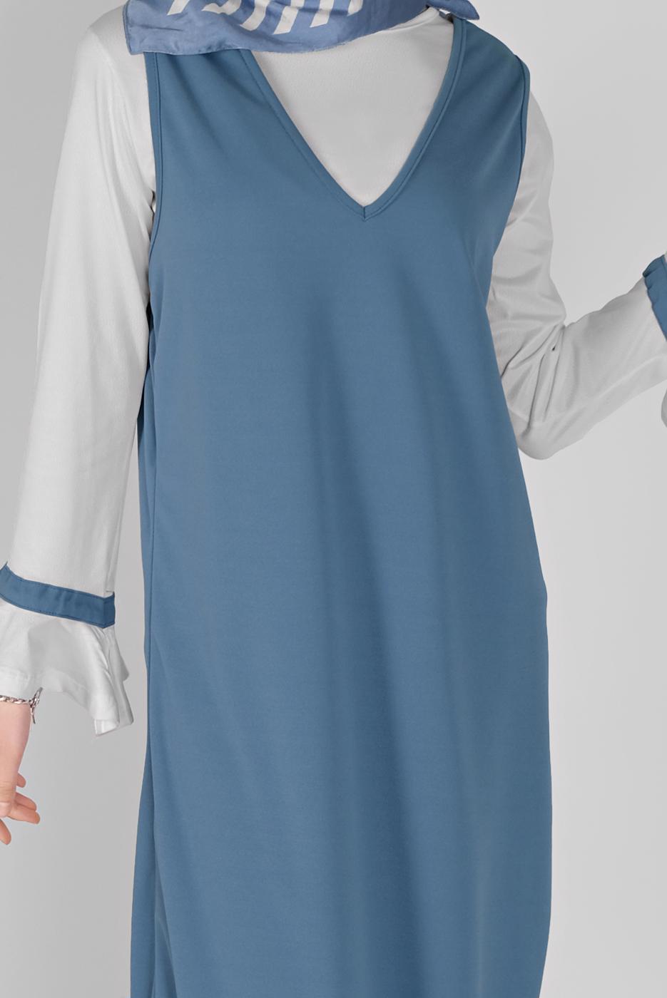 Tesettür giyim LACİVERT GENİŞ KOL FIRFIRLI İKİLİ ELBİSE 5956 