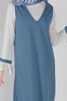 Tesettür giyim LACİVERT GENİŞ KOL FIRFIRLI İKİLİ ELBİSE 5956 