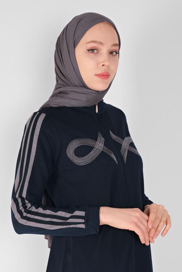 Tesettür giyim LACİVERT NAKIŞLI FERMUARLI EŞOFMAN ELBİSE 6519  - TRENDTESETTÜR