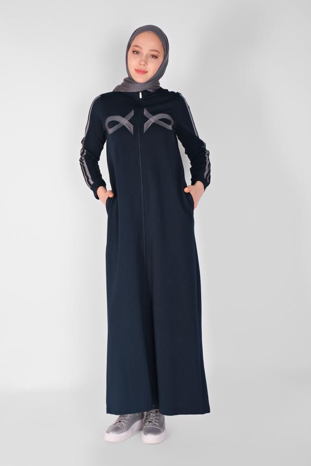 Tesettür giyim LACİVERT NAKIŞLI FERMUARLI EŞOFMAN ELBİSE 6519  - TRENDTESETTÜR