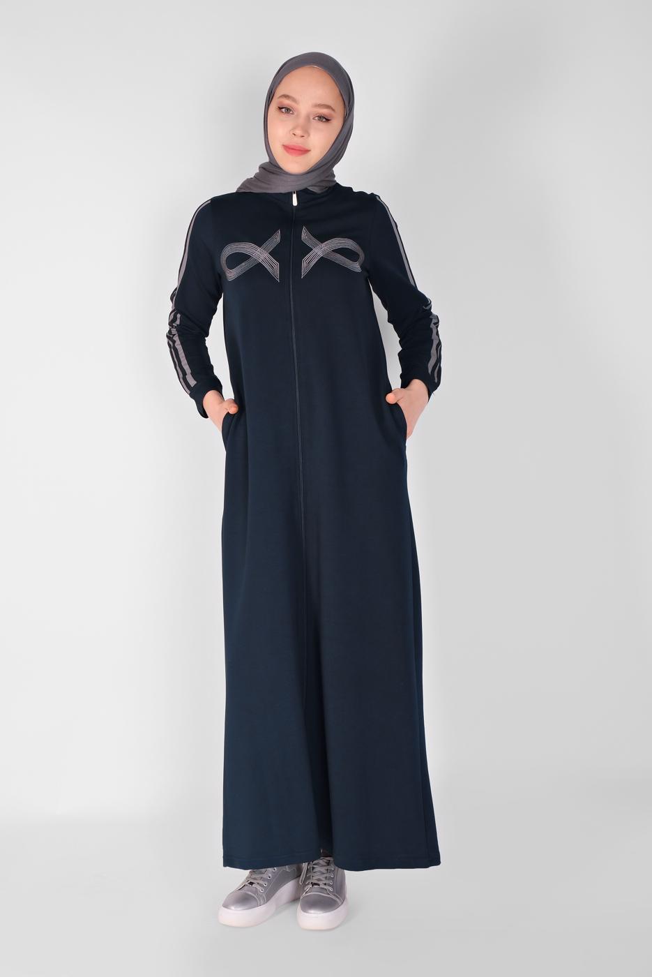 Tesettür giyim LACİVERT NAKIŞLI FERMUARLI EŞOFMAN ELBİSE 6519 