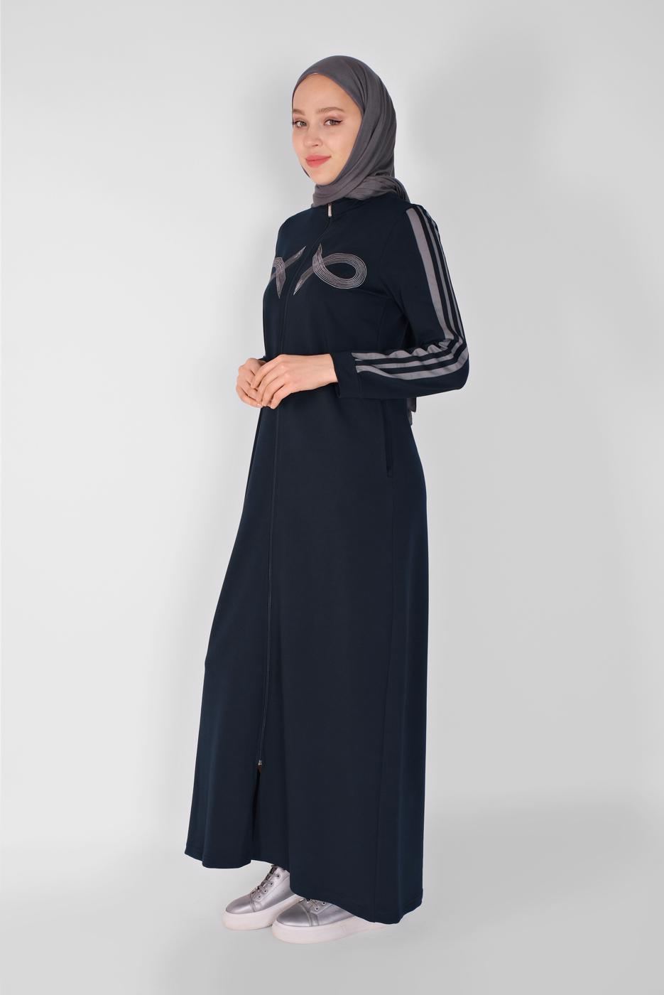Tesettür giyim LACİVERT NAKIŞLI FERMUARLI EŞOFMAN ELBİSE 6519 