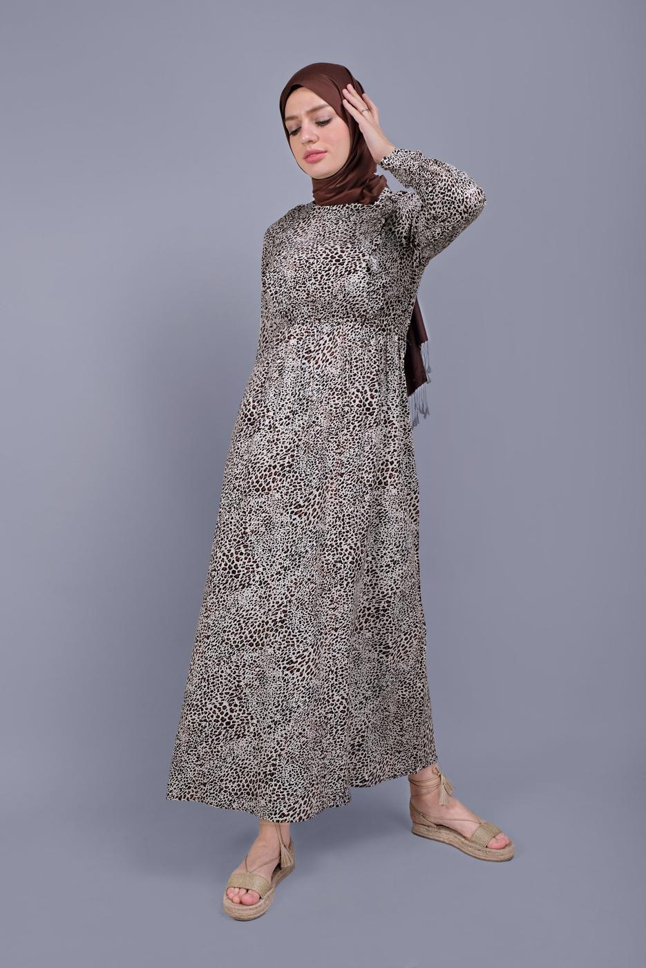 Tesettür giyim BEJ PAMUKLU LEOPAR DESENLİ ELBİSE 8325 