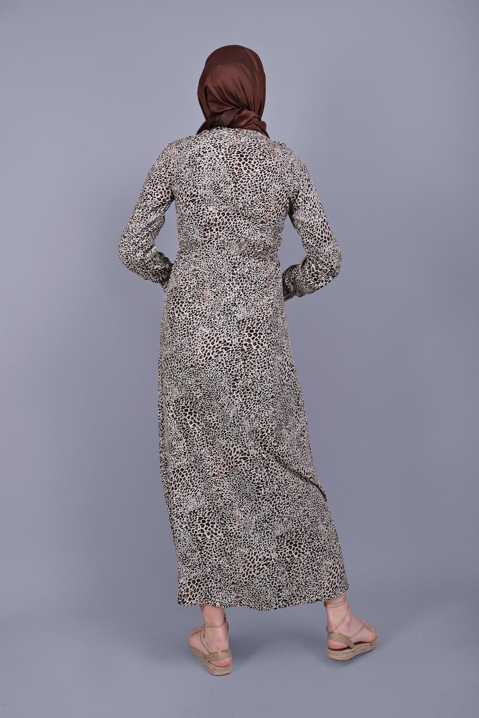 Tesettür giyim BEJ PAMUKLU LEOPAR DESENLİ ELBİSE 8325 