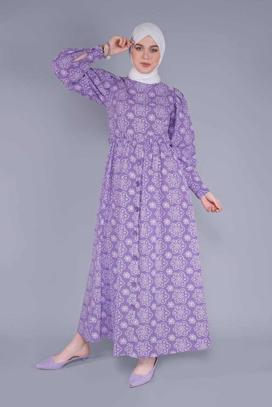 Tesettür giyim MOR DESENLİ ELBİSE  8334 