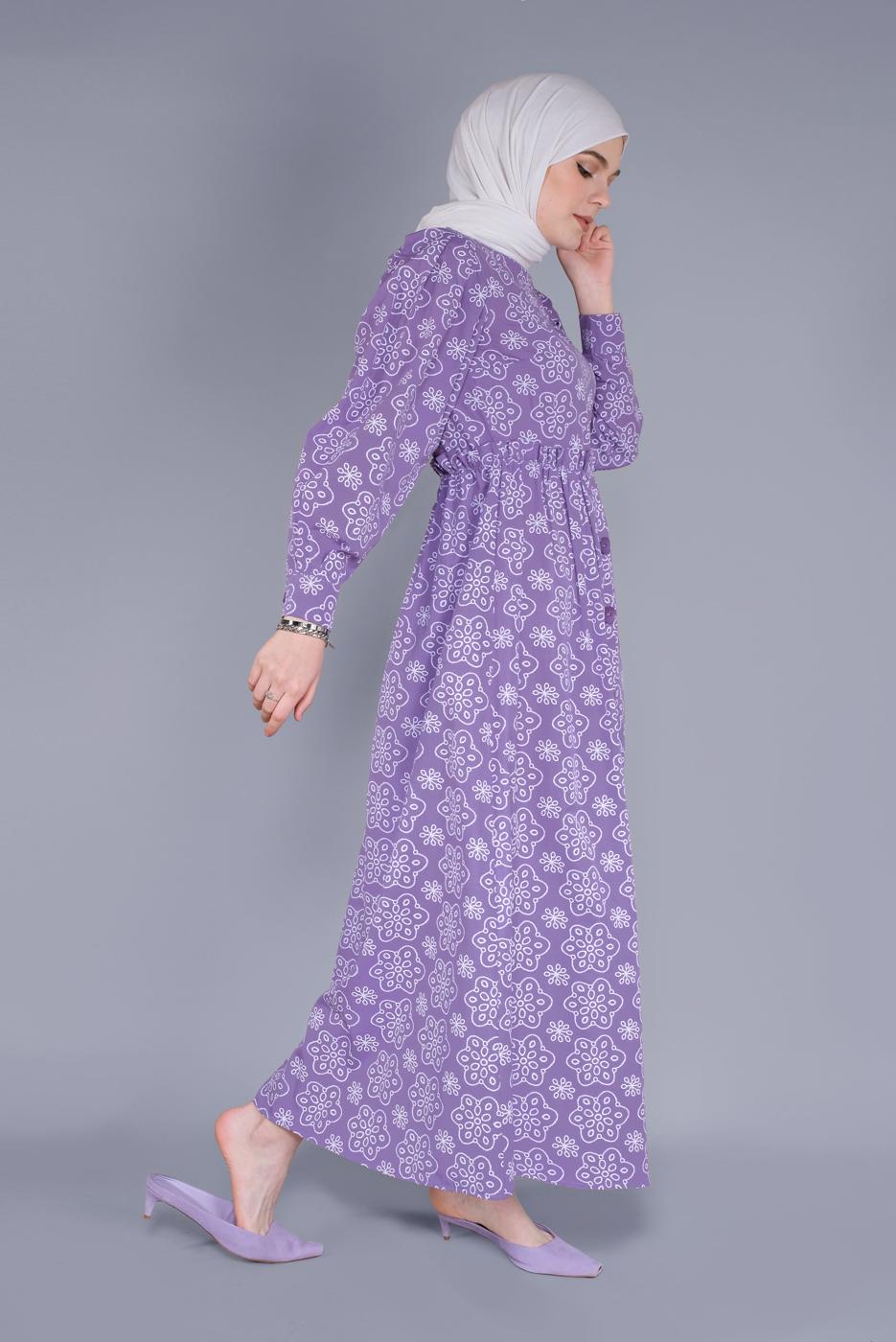 Tesettür giyim MOR DESENLİ ELBİSE  8334 