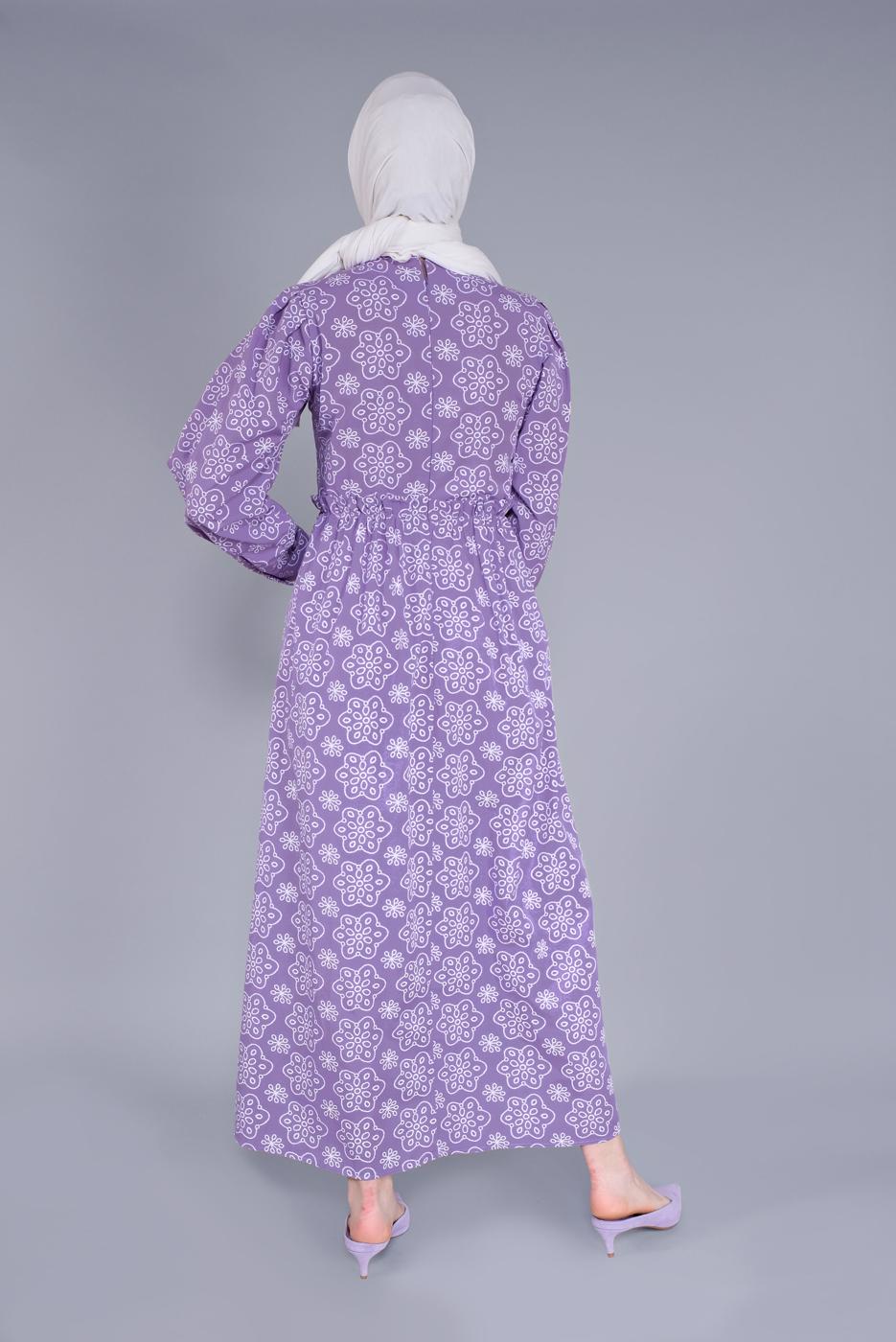 Tesettür giyim MOR DESENLİ ELBİSE  8334 