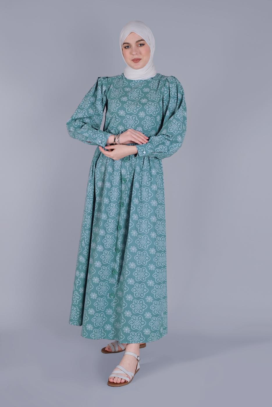 Tesettür giyim MAVİ DESENLİ ELBİSE  8334 