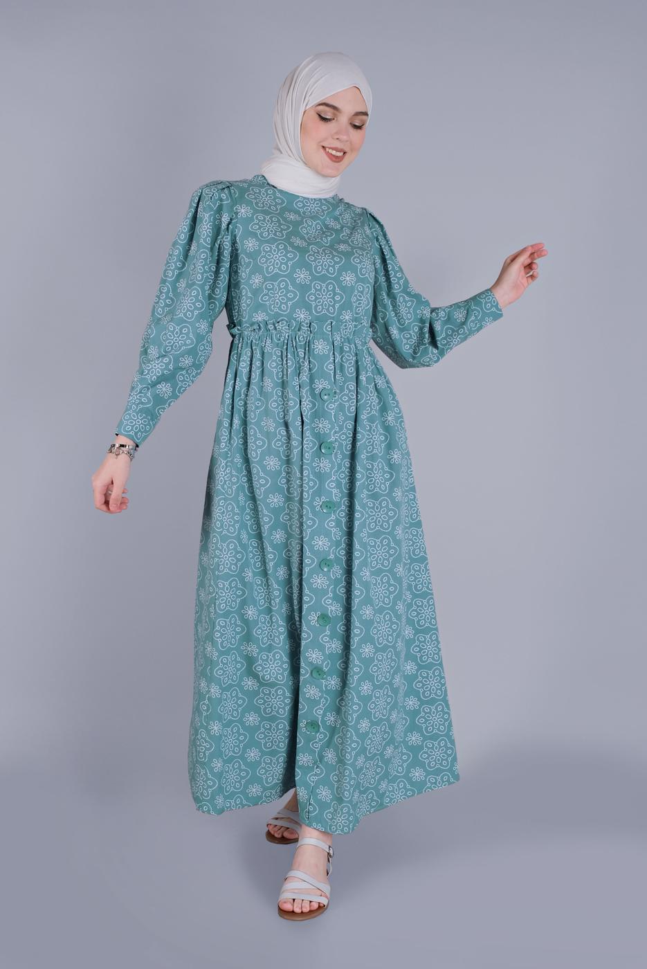 Tesettür giyim MAVİ DESENLİ ELBİSE  8334 