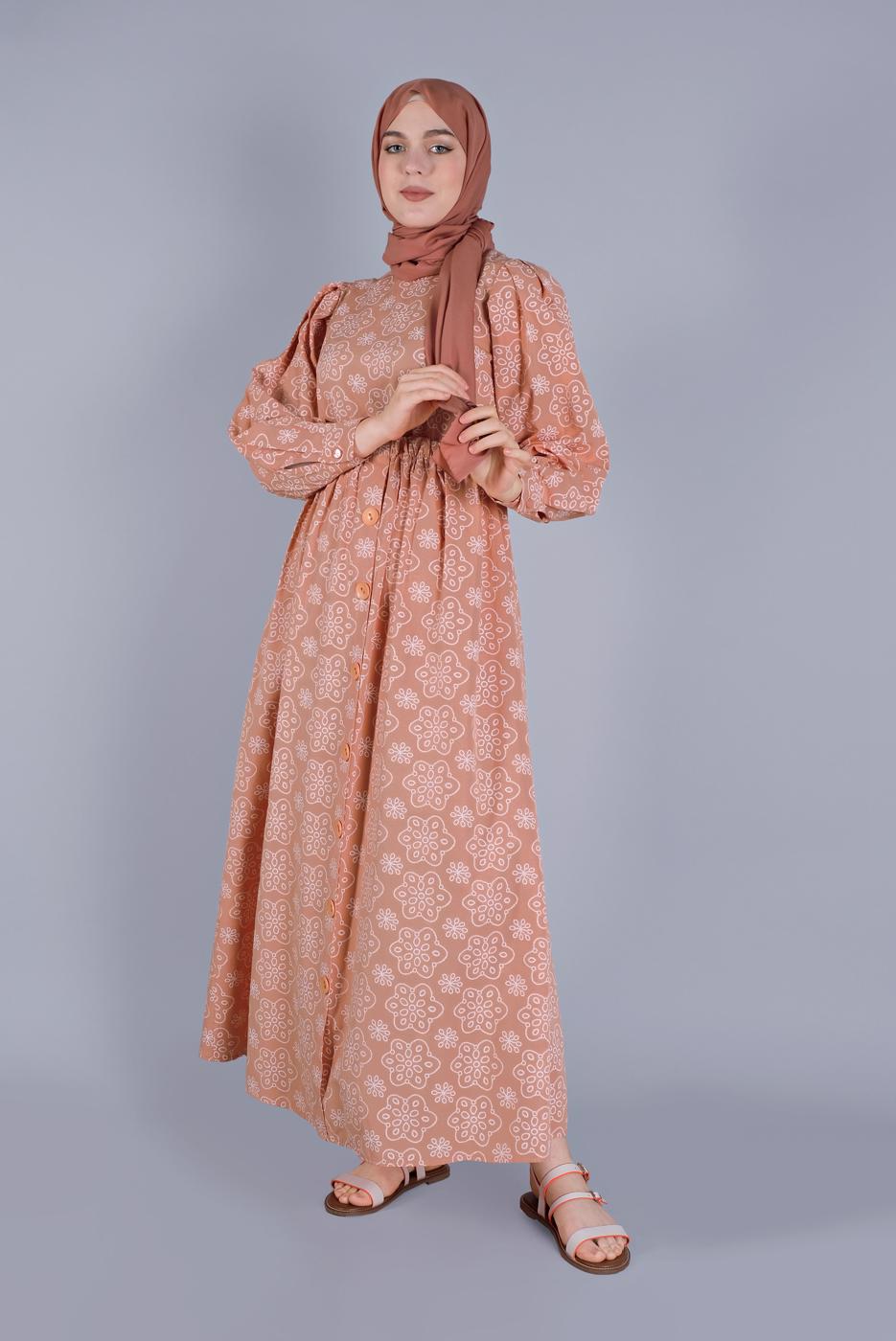 Tesettür giyim PUDRA DESENLİ ELBİSE  8334 