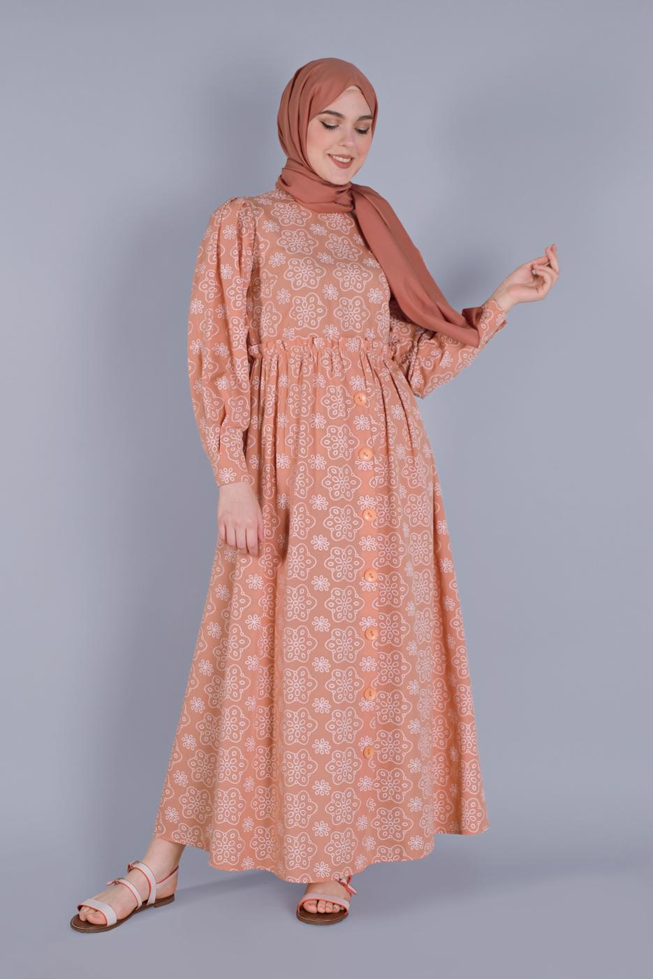 Tesettür giyim PUDRA DESENLİ ELBİSE  8334 