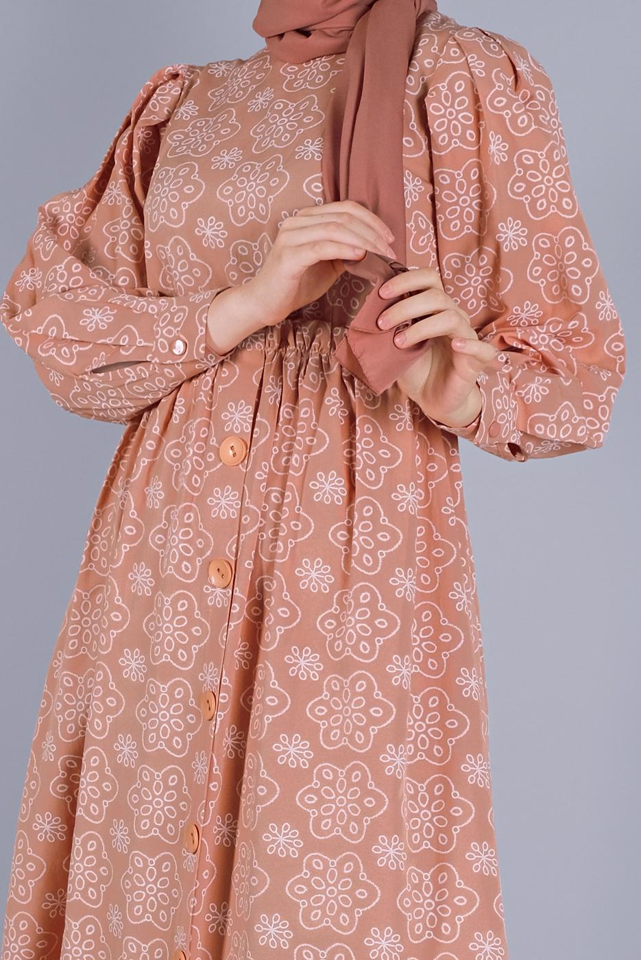 Tesettür giyim PUDRA DESENLİ ELBİSE  8334 