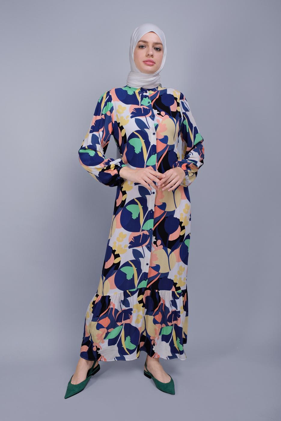 Tesettür giyim LACİVERT BOYDAN DÜĞMELİ DESENLİ ELBİSE 8512 